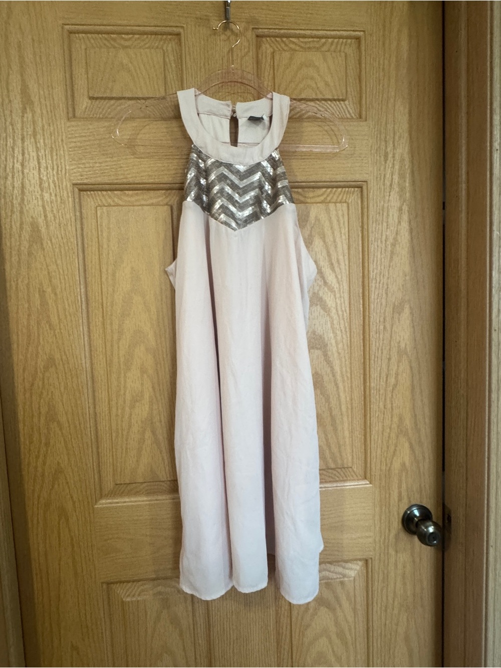 Paper Crane Blush Pink Chevron Sequin Halter Shift Dress L